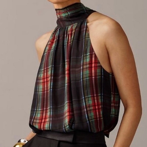 NEW J. Crew Halter Reno Top Neck Tie Stewart Tartan Chiffon Blend Size Large - Picture 2 of 5
